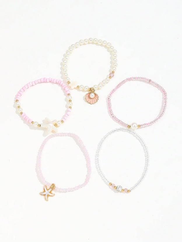 Spring Summer Beach 5-Piece Bracelet Set, Shell Starfish Seed Bead Faux Pearl Stackable Hand Jewelry for Women - color: WhitePink, size: One Size