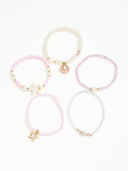 Spring Summer Beach 5-Piece Bracelet Set, Shell Starfish Seed Bead Faux Pearl Stackable Hand Jewelry for Women - color: WhitePink, size: One Size
