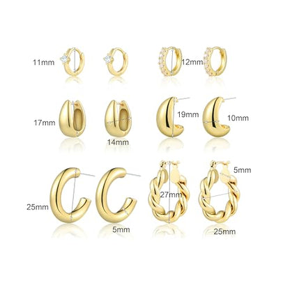 6 Pairs Gold Hoop Earrings for Women, 14K Gold Plated Huggie Hoop Earrings Set Hypoallergenic Lightweight Chunky Open Hoops Jewelry for Gift - color: Gold hoops