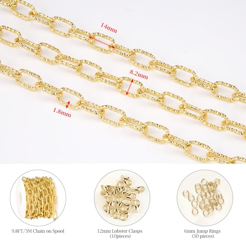 KYUNHOO 9.8 Feet Embossed Paperclip Chain for Jewelry Making with Clasps | 18K Gold Plated Mixed Material Bulk Jewelry Chunky Paper Clip Necklace Making Chains for Crafts DIY - color: Paperclip Gold