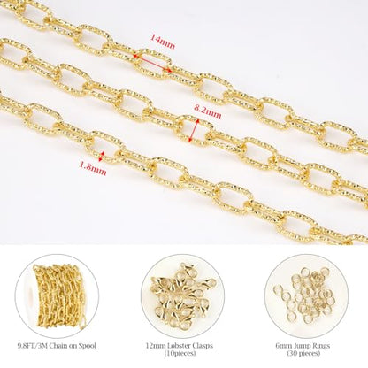 KYUNHOO 9.8 Feet Embossed Paperclip Chain for Jewelry Making with Clasps | 18K Gold Plated Mixed Material Bulk Jewelry Chunky Paper Clip Necklace Making Chains for Crafts DIY - color: Paperclip Gold