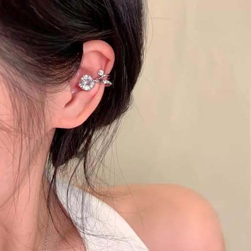 18K Gold Plated Cubic Zirconia Ear Cuff for Women – Non-Pierced Double Row Cartilage Clip-On Earrings, Dainty Silver-Tone Cuff Jewelry, Minimalist Adjustable Wrap Earrings for Daily Wear