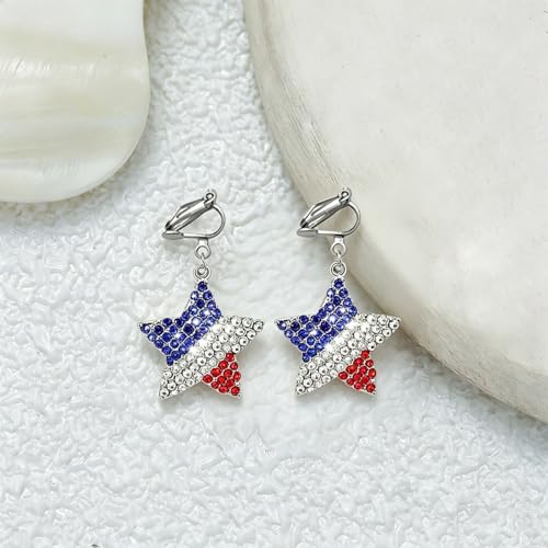 4th of July Independence Day Clip on Earring for Women American Flag Dangle Earrings Patriotic Red White Blue USA Earring, Pave Crystal Stud - color: Red