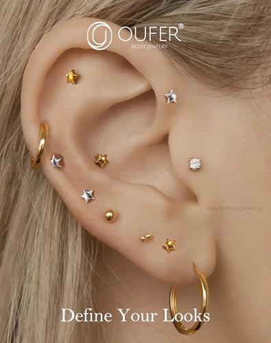 OUFER G23 Titanium Threadless Labret Studs – Flat Back Push Pin Earrings for Tragus, Helix, Monroe, Conch, Lip Piercing – 16G/18G, 6MM/8MM - color: Gold-5Star, size: 18g 6mm