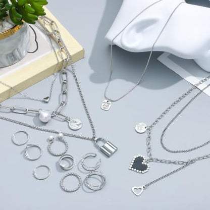 NEWITIN 100 Pcs Gold Silver Jewelry Set for Women Fashion Costume Jewelry | Bohemian Jewelry, Cubic Zirconia, Gold Plated Necklace Bracelet Ring Ear Cuff Earrings Set for Women Party Daily, Women Gifts - color: Silver