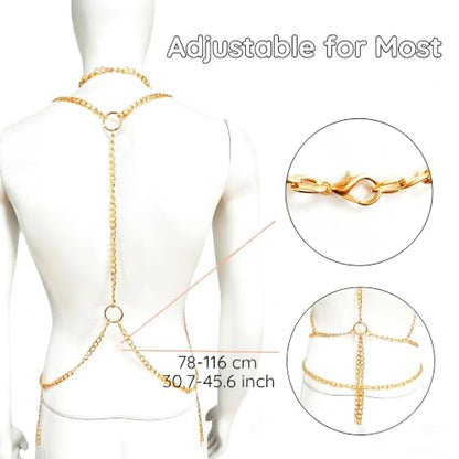 Men's Chest Belt Chain Costume Fashion Festival Outfit | Male Goth Shirt Shoulder Belt Mens Rave Outfit for Festival Party Rave Halloween Cosplay - color: Gold