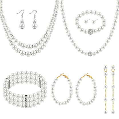 Bonuci 12 Pcs Women Pearl Jewelry Set Pearl Necklace Bracelet Earrings with Rhinestone for Wedding Birthday Bridal Tea Party - style: Graceful Style