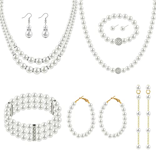 Bonuci 12 Pcs Women Pearl Jewelry Set Pearl Necklace Bracelet Earrings with Rhinestone for Wedding Birthday Bridal Tea Party - style: Graceful Style