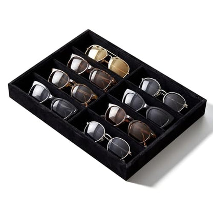 Stratalife 8 Grids Drawer Sunglasses Organizer Tray, Black Velvet | Stackable Eyeglasses Storage Case with Removable Dividers, Jewelry Display Case for Necklace Bracelet, 13.78x9.5x1.2inch - color: Black