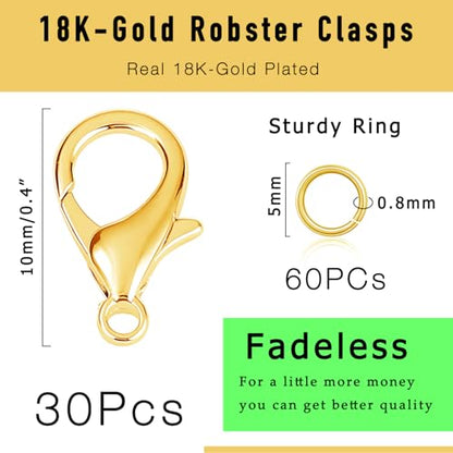 90PCs Fadeless Lobster Claw Clasps (10mm) & Jump Rings for Jewelry Making, Necklace Bracelet Findings & Supplies (18K Gold Plated) - color: 18K Gold Plated