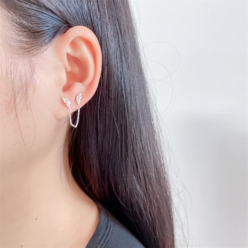 Cute Tiny Butterfly CZ Double Piercing Huggie Small Stud With Short Chain 925 Sterling Silver Cuff Wrap Earrings for Women Cartilage Two Holes Animal Dangle Drop Hypoallergenic - color: Silver