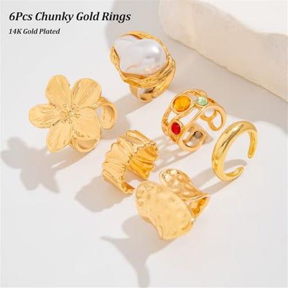 Chunky Stackable Rings Set for Women Non Tarnish Adjustable Open Stacking Knuckle Ring Chunky Joint Finger Midi Rings Pack Dainty Simple Statement Jewelry - style: D-6pcs flower pearl