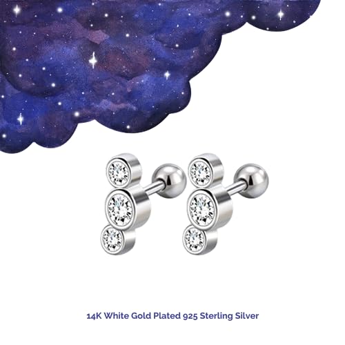 14K Gold Plated Nap Earrings Sterling Silver Ball Bar Bezel Setting CZ Stones Screw Back Hypoallergenic Earrings Everyday Cartilage Helix Parisian Minimalist Piercing Earrings For Women Unisex - color: Triple Lights - WG