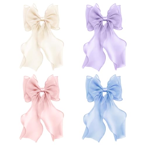 papasgix Hair Bow Clips: Big Solid Color Silk Ribbons for Women & Girls (4: Champagne, Blue, Purple, Pink) - color: Champagne+Blue+Purple+Pink