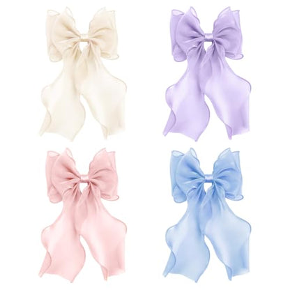 papasgix Hair Bow Clips: Big Solid Color Silk Ribbons for Women & Girls (4: Champagne, Blue, Purple, Pink) - color: Champagne+Blue+Purple+Pink