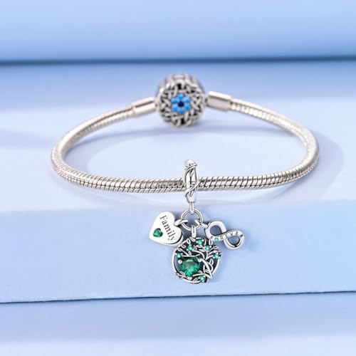 Hapour 925 Sterling Silver Charms for Bracelet Necklace Dangle Pendant Bead | Bear Charm, Elephant Zebra Cat Dream catcher Family Birthday European Jewelry Charm, For Women Mom - color: Green Eternal Love Family Tree