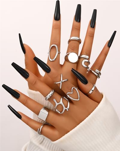 FAXHION 12PCS Gold Stackable Rings Set for Women, 18K Gold Plated Open Stacking Knuckle Ring, Adjustable Chunky Signet Band Statement Ring for Gift - color: 1-Silver-12pcs