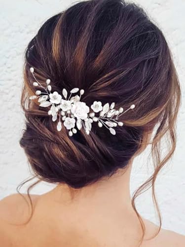 GORAIS Flower Wedding Hair Vine Pearl Bridal Hair Pieces Crystal Hair Accessories for Bride and Women - color: a-silver