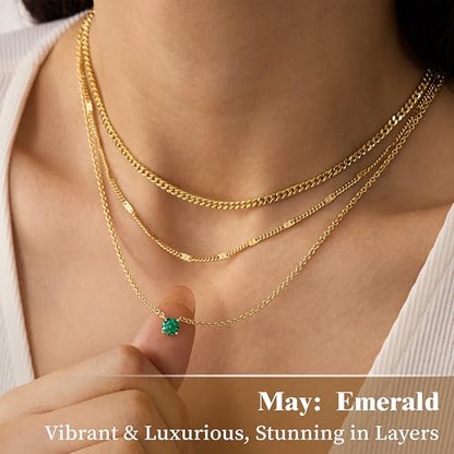 WomenGifts Layered Gold Necklaces for Women, 14K Gold Sterling Silver Plated Dainty Pendant Necklace Set Non Tarnish, Chunky Stackable Cuban Chain Choker, Trendy Birthstone Vacation Jewelry Gift - color: Gold, style: Cubic Zirconia-Created Emerald-May