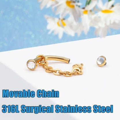 3 Pcs 316L Stainless Steel 16G Tragus Helix Rook Piercing Jewelry with Chain, Cartilage Earrings for Women, Belly Button Ring Vertical Labret Lip Piercing Jewelry - color: Gold, size: Full Setting