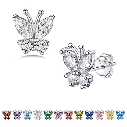 Bestyle Gold Butterfly Earrings for Women, Dainty Cute Birthstone Studs Hypoallergenic Jewelry, Great Birthday Gift - style: 04.April (Clear Quartz)-STUD