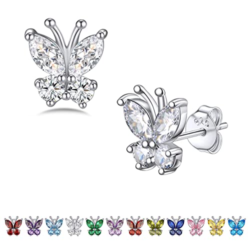 Bestyle Gold Butterfly Earrings for Women, Dainty Cute Birthstone Studs Hypoallergenic Jewelry, Great Birthday Gift - style: 04.April (Clear Quartz)-STUD