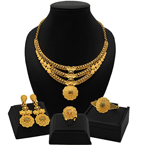 indian Women Jewelry Necklace Set african Dubai Bride Wedding Prom Fashion Jewelry 24K Gold Plated Necklace Bangles Rings Earrings - color: S-340