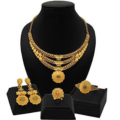 indian Women Jewelry Necklace Set african Dubai Bride Wedding Prom Fashion Jewelry 24K Gold Plated Necklace Bangles Rings Earrings - color: S-340