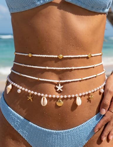 Gold Starfish Waist Chain for Women 18k Gold Plated Belly Chain Belt Layered Seashell Pearl Conch Beads Sequin Satellite Body Chains Sexy Bikini Summer Vacation Beach Jewelry Adjustable - color: 4 Pcs White