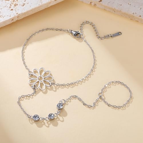 UNIFT Hand Chain Bracelets for Women Set Stainless Steel Adjustable Heart or Four-Leaf Clover Ring Chain Bracelet Trendy Dainty Jewelry Set Gifts - color: silver 3