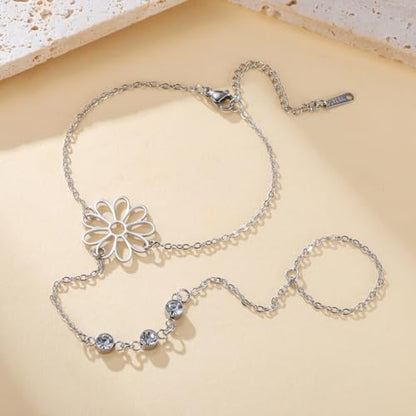 UNIFT Hand Chain Bracelets for Women Set Stainless Steel Adjustable Heart or Four-Leaf Clover Ring Chain Bracelet Trendy Dainty Jewelry Set Gifts - color: silver 3
