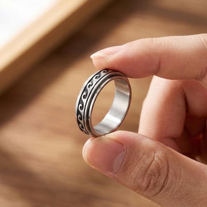 Wave Spinner Ring For Women, Summer Ocean Nautical Pattern Anti-Anxiety Fidget Two Tone Stainless Steel Jewelry Gift - color: Wave Spinner 7