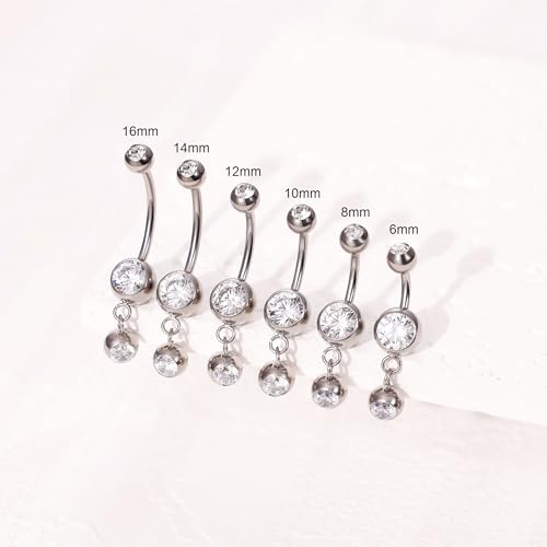 REVOLIA 14G G23 Pure Titanium Dangle Belly Button Rings for Women Hypoallergenic Dangling Navel Rings Internally Threaded Belly Rings for Sensitive Skin CZ Barbell Belly Button Piercing Jewelry 6-16mm - color: Clear
