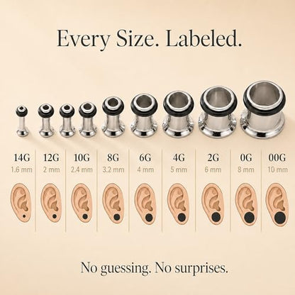 BodyJ4You 37PC Ear Gauge Stretching Kit 14G-00G - Aftercare Balm Tapers | Gauges for Ears Dead Stretching Lobe - Surgical Stainless Steel Single Flare Plugs - Flesh Tunnels O-Rings Expander Men Women - color: Silvertone, Single Flare