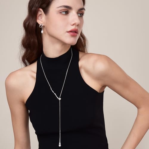 ARSIS Lariat Long Gold Necklace for Women, 18K Gold/Platinum Plated Y-Shaped Drop Dangle Pendant Necklace, Long Adjustable Pull Slider Chain Jewelry Gift for Her - color: Silver-waterdrop slider