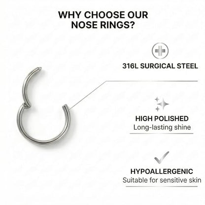 6Pairs Nose Rings Hoops - 316L Surgical Steel Hinged Nose Hoops 16G/18G/20G Clicker Septum Nose Ring Lip Helix Cartilage Hoop Earring Daith Rook Conch Body Piercing Jewelry for Women Men 6mm 7mm 8mm 9mm 10mm 12mm - color: Silver, size: 20 gauge(0.8mm)