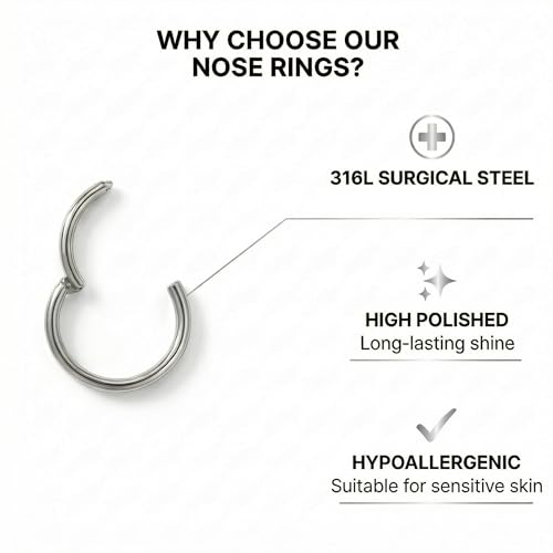 6Pairs Nose Rings Hoops - 316L Surgical Steel Hinged Nose Hoops 16G/18G/20G Clicker Septum Nose Ring Lip Helix Cartilage Hoop Earring Daith Rook Conch Body Piercing Jewelry for Women Men 6mm 7mm 8mm 9mm 10mm 12mm - color: Silver, size: 18 gauge(1mm)
