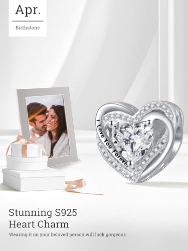 Heart Birthstone Charms for Bracelets, 925 Sterling Silver Women Bead Charms for Charm Bracelets Necklace, Mother's Day Birthday Anniversary Jewelry Gifts for Wife Mom Grandma Daughter - style: Bead - Apr - Simulated Diamond