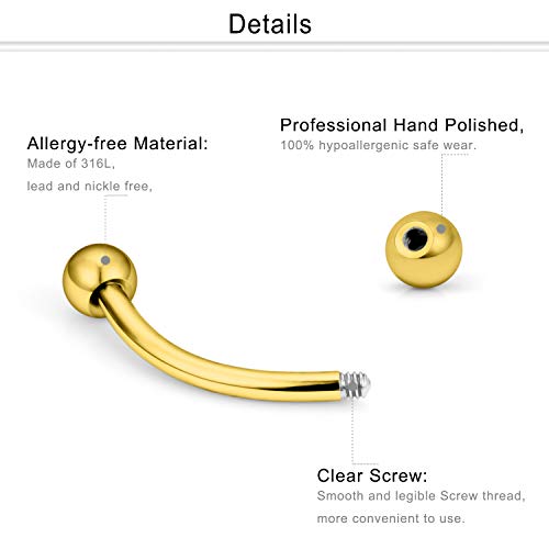 Eyebrow Barbell 16G Surgical Steel Rings with Clear Diamond CZ Curved Barballs Body Piercing Jewelry for Women Men 6mm 8mm 10mm 9 Pieces - color: B: 9Pcs-16G-Goldtone