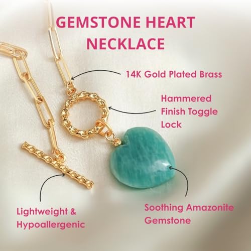 Gempires Gemstone Heart Pendant Necklace for Women, Gold Toggle Birthstone | Handmade gemstone heart pendant necklace — choose from 11 stones and birthstones, gold toggle paperclip chain. - color: Amazonite