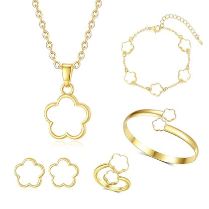Clover Jewelry Set for Women Non Tarnish Gold-Tone Five Leaf Clover Necklace, Earrings, Ring, Bracelet Fashion Simple Floral Jewelry Set - color: White