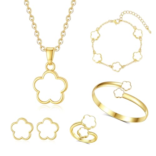 Clover Jewelry Set for Women Non Tarnish Gold-Tone Five Leaf Clover Necklace, Earrings, Ring, Bracelet Fashion Simple Floral Jewelry Set - color: White