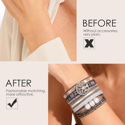 Leather Wrap Bracelets for Women, Boho Leopard Multi-Layer Crystal Beads Cuff Jewelry - color: J-Warp-005