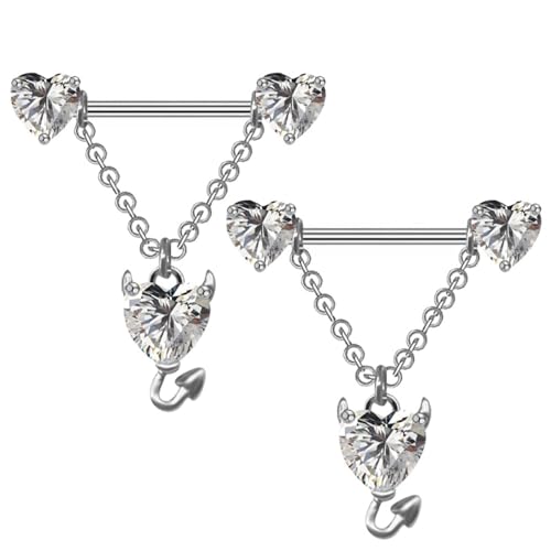14G Devil Heart Dangle Nipple Rings for Women Girls Stainless Steel Sparkling CZ Love Heart Ball Chain Dangling Nipplerings Nipple Studs Piercing Barbell Body Jewelry - color: Silver