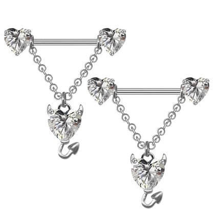 14G Devil Heart Dangle Nipple Rings for Women Girls Stainless Steel Sparkling CZ Love Heart Ball Chain Dangling Nipplerings Nipple Studs Piercing Barbell Body Jewelry - color: Silver