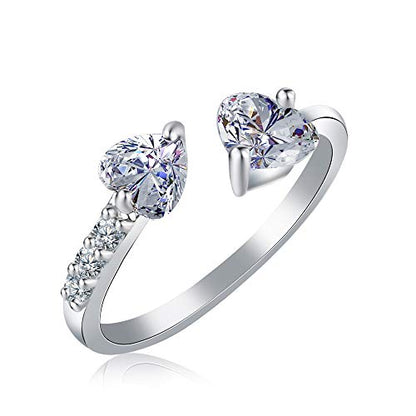 hsiyyecg Sliver/Gold Plated Double Heart Eternity Ring Shiny Cubic Zirconia Crystal Engagement Wedding Band Promise Ring Open Adjustable Statement Rings for Women(Sliver) - color: silver