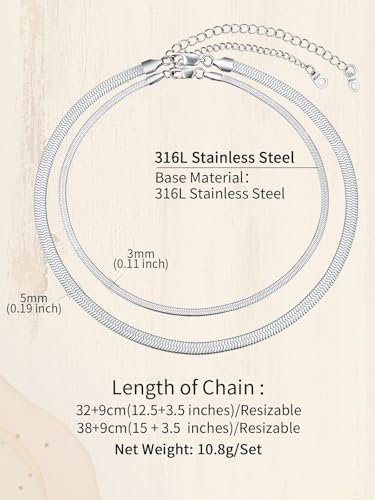 ChainsHouse Flat Snake Chain Herringbone Choker Necklace for Women, Stainless Steel/Rose Gold/18K Gold Plated Dainty Adjustable Simple Short Layered Necklaces, 12"/15"/18" with 3.5" Extender - color: b. layered-3mm+5mm-silver