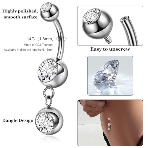 REVOLIA 14G G23 Pure Titanium Dangle Belly Button Rings for Women Hypoallergenic Dangling Navel Rings Internally Threaded Belly Rings for Sensitive Skin CZ Barbell Belly Button Piercing Jewelry 6-16mm - color: Clear