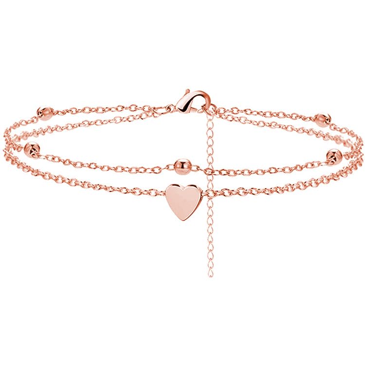 14K Gold Plated Layered Heart Anklet for Women Dainty Double Layer Chain Ankle Bracelet Adjustable Beach Foot Jewelry Gift for Her - color: Rose Gold