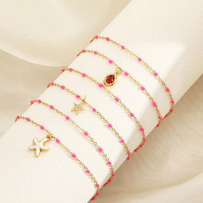 6 PCS Enamel Beaded Chains Bracelet Stainless Steel Link Bracelets | 6.7"+1.18", With Extender Chain, Fashion Jewelry Set, Gift For Women, Colorful, No Fade - color: Rose Gold